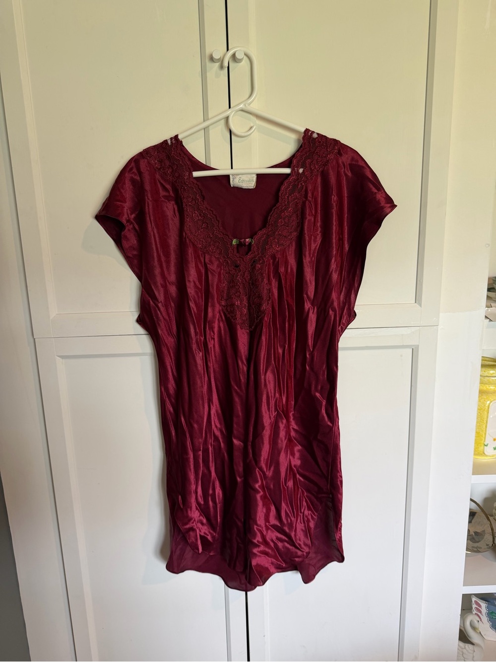 Vintage Expressions Burgundy Silky Satin Nightgown Lace V-Neck Large